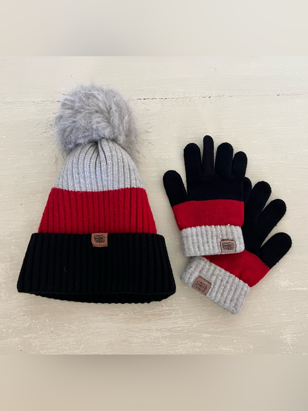 Britt’s Knits Kids Wonderland Pom Beanie Hat & Gloves Set Red Gray Black